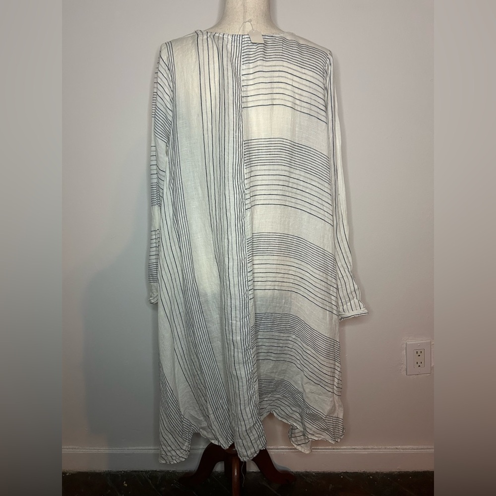 CP SHADES White Linen Contrast Navy Striped Long Sleeve V-Neck Tunic Dress - Picture 3 of 4